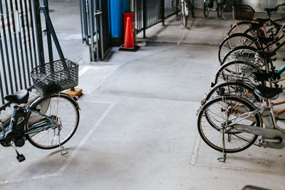 High angle view of bicycles parked in parking lot