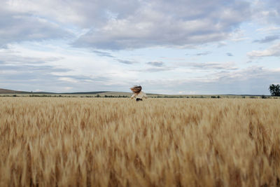 Back view of anonymous female with flying hair running on meadow with wheat spikes under cloudy sky
