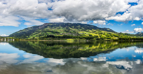 Scenic view of lake and mountains against sky