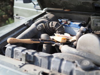 High angle view of meat on barbecue grill