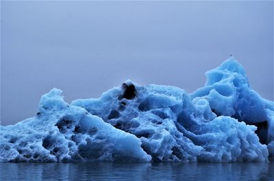 Snow covered sea against clear sky