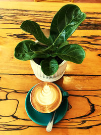 High angle view of coffee and leaves on table