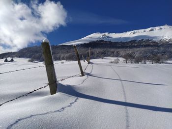 Scenic view of snow covered mountains against sky