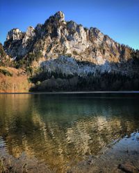 Scenic view of lake by mountains against sky