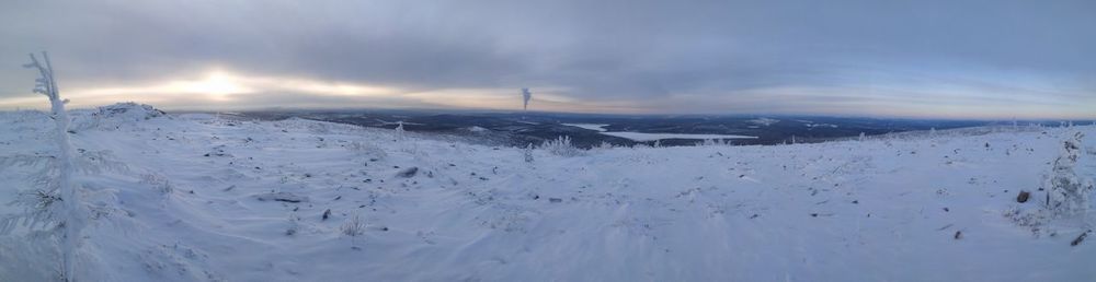 Scenic view of snow covered land against sky