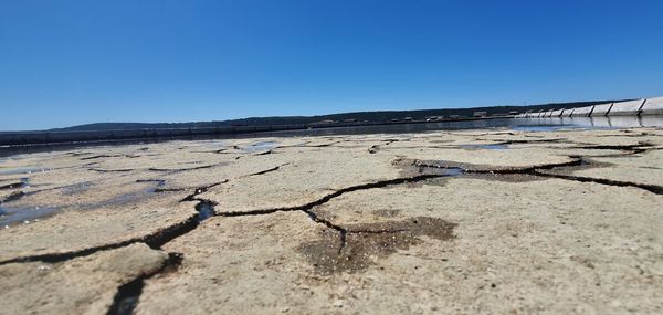 Surface level of land against clear blue sky