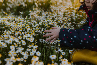 Cute girl touching flower plants