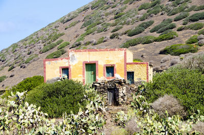 Houses and trees on mountain against sky