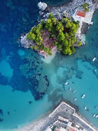 Aerial view of boats moored at sea