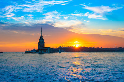 Building by sea during sunset