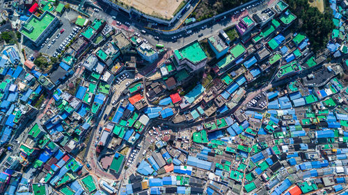 High angle view of buildings in city