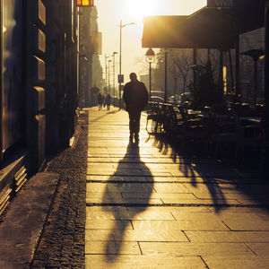 Rear view of man walking on street in city