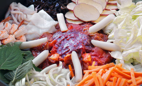 High angle view of chopped vegetables in plate