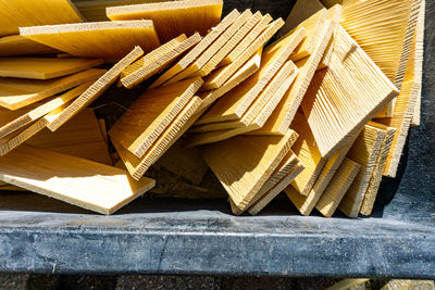 High angle view of stack of wood