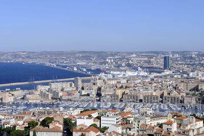 High angle view of townscape against clear sky