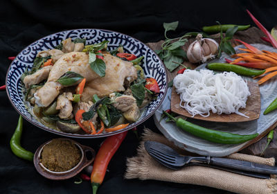 High angle view of food in plate on table