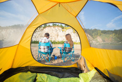 High angle view of people in tent