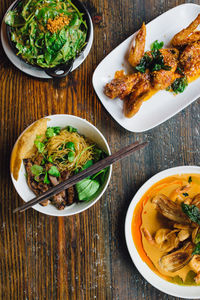 High angle view of food served on table