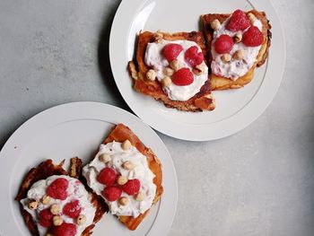 High angle view of breakfast served on table