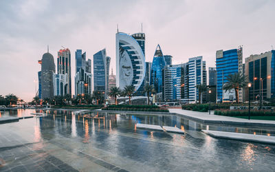 Modern buildings by reflecting pool in city