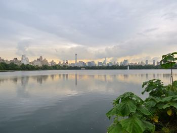 Scenic view of lake against cloudy sky