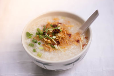 High angle view of soup in bowl on table