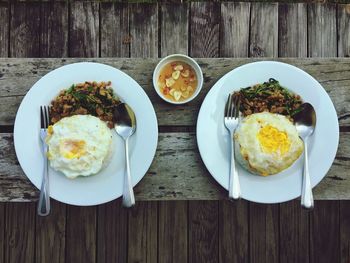 High angle view of breakfast served on table