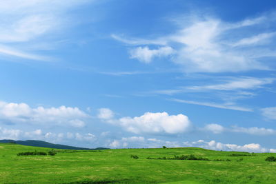 Green landscape against cloudy sky