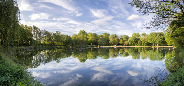 Scenic view of lake in forest against sky