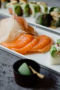 Close-up of sushi served on table