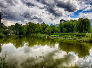 Scenic view of lake against cloudy sky