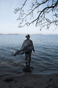 Rear view of man standing on beach against sky