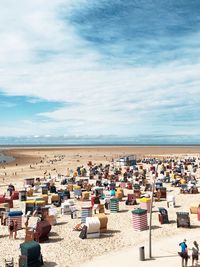 High angle view of chairs on beach