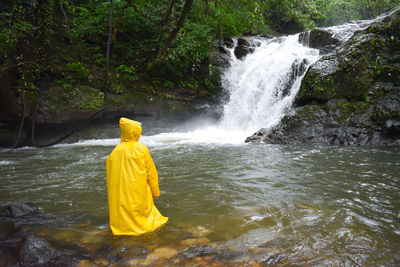 Rear view of boy looking at waterfall