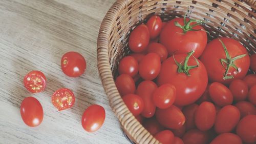 High angle view of tomatoes in basket on table