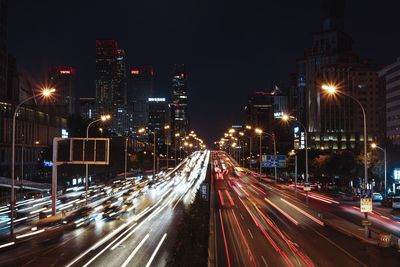 Light trails on road at night