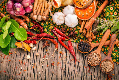 Spices on wooden table