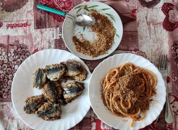 High angle view of breakfast served on table