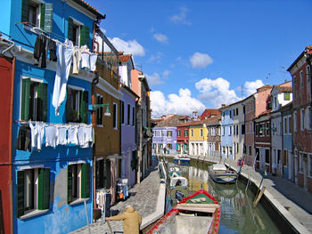 Buildings by canal against sky in city