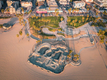 Aerial drone photograph of venice skatepark in los angeles, california