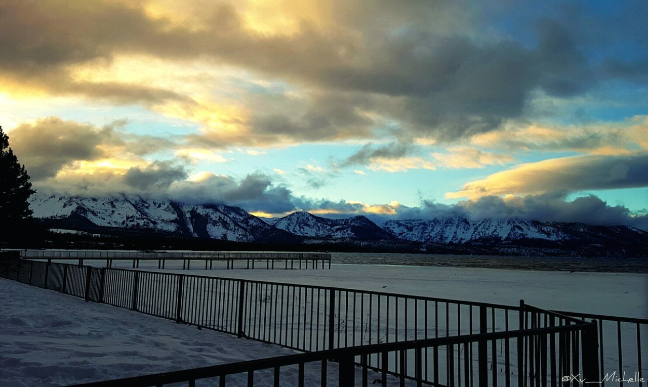 snow, winter, cold temperature, weather, season, sky, cloud - sky, tranquil scene, scenics, beauty in nature, tranquility, covering, cloudy, nature, mountain, landscape, sunset, cloud, railing, fence