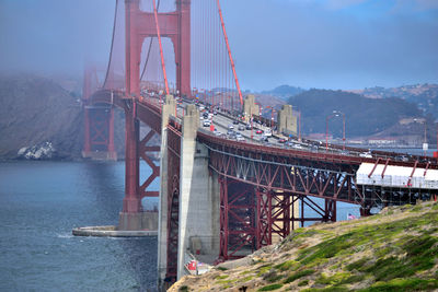 View of suspension bridge over river