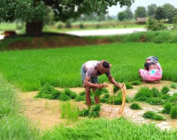 Side view of woman on grassy field