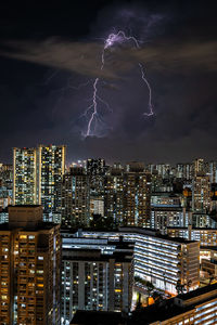 Aerial view of illuminated city against sky at night