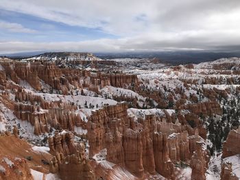 Aerial view of snow covered landscape against sky