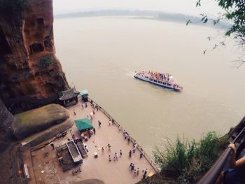 High angle view of tour boat in lake