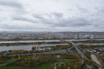 High angle view of cityscape against sky