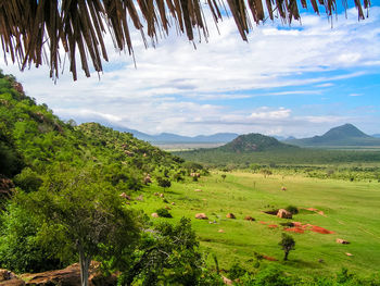 Scenic view of green landscape against sky