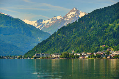 Scenic view of lake and mountains against sky