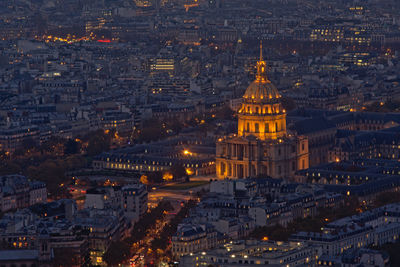 High angle view of illuminated buildings in city